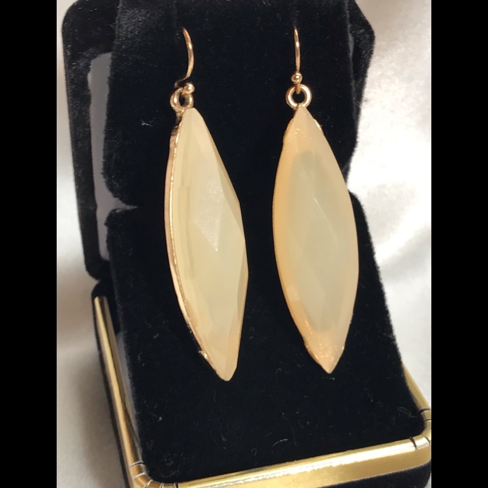 Hand Crafted Gold Tone Marquise Faux Moonstone Dangle Earrings.